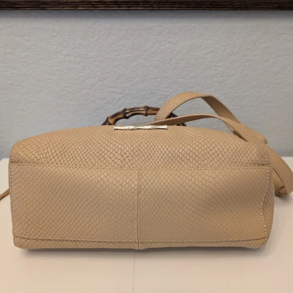 Elaine Turner Tan Snakeskin Embossed Leather Bamboo Handle Satchel Crossbody Bag - Picture 7 of 16